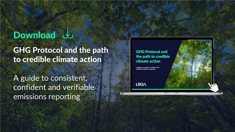 Promotional graphic for a climate action guide by LRQA, featuring forest imagery and a laptop displaying the guide.